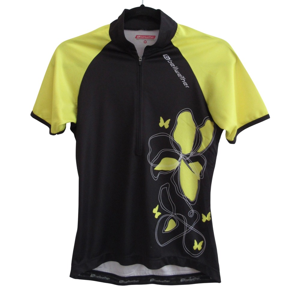 Bellwether Womens Cycling Jersey Sz M Black Yellow Butterfly‎ Floral 1/4 Zip